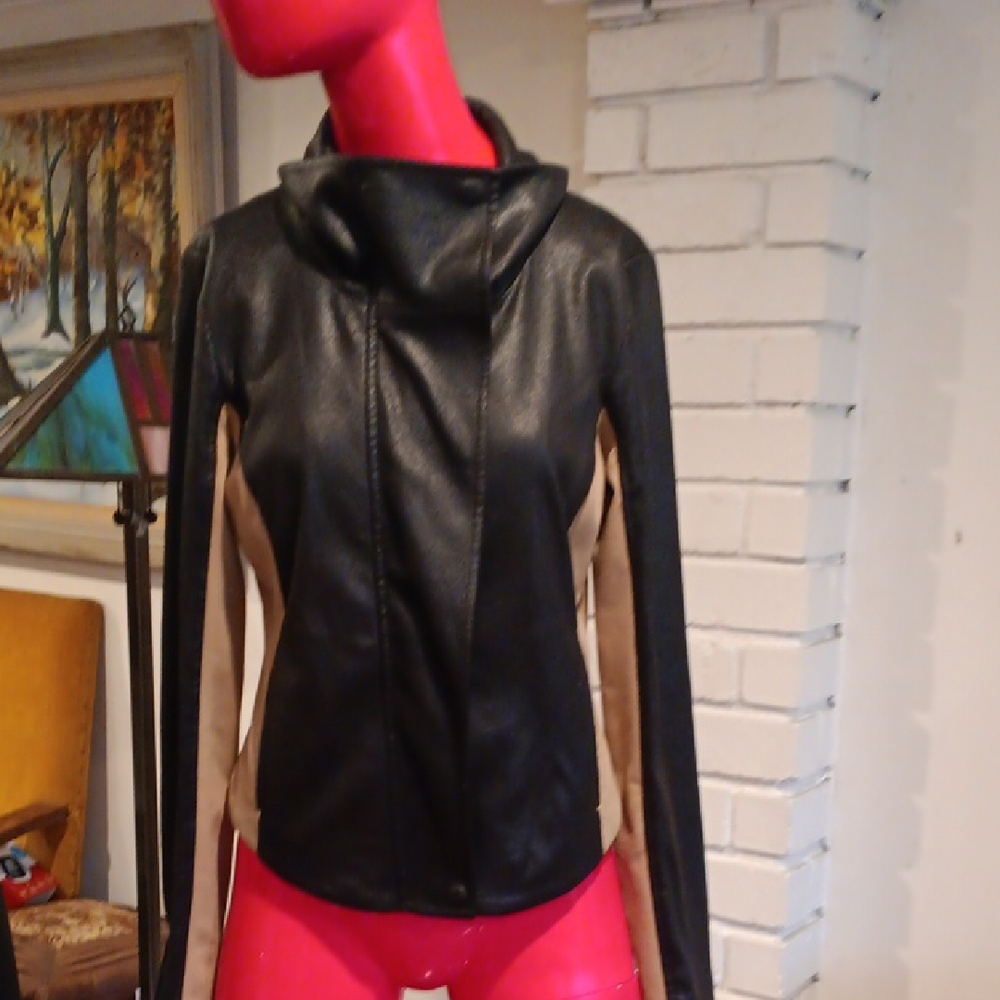 RACHEL Rachel Roy Black and Tan Faux Leather Jacket